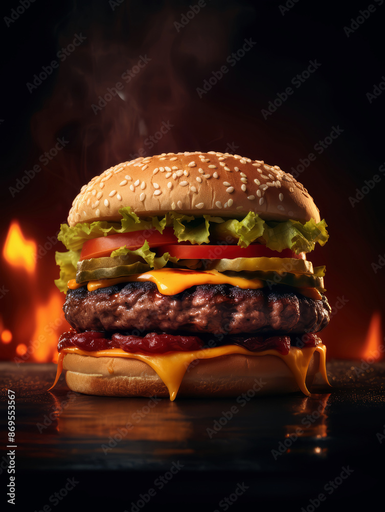 Wall mural hamburger on a wooden background