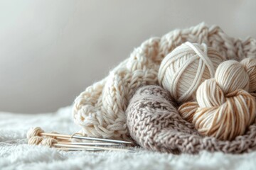 A cozy knitting scene with yarn and needles, set against a plain, neutral background. The simplicity highlights the craft's serene and meditative quality.