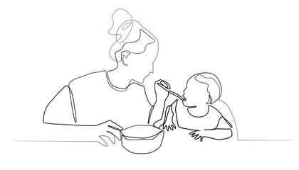 line art drawing of a mother's love for her child. simple line vector illustration of giving nutritious food to a toddler.
