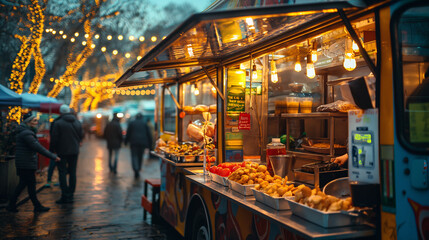 Colorful food truck at a festive night market, illuminated by string lights, offering a variety of street food to passersby