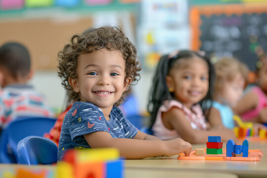 Photography of children portrait from USA in a preschool or kindergarten class.