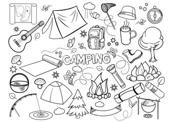 Obraz premium Camping design colorless set PNG illustration. Coloring book. Black and white line art