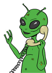 Alien talking phone pop art style PNG illustration. Comic book style imitation