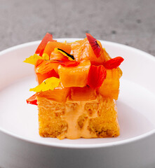 Gourmet carrot cake dessert on elegant plate