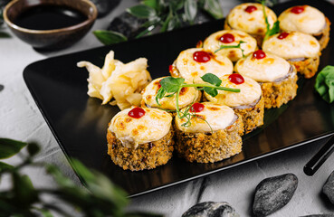 Elegant sushi platter with garnish