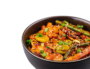 Spicy stir-fried chicken with vegetables in bowl