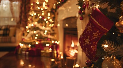 A Christmas tree with a red stocking hanging from it