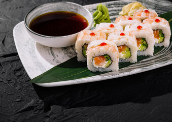 Fresh sushi platter with soy sauce