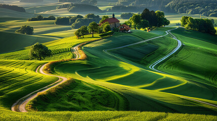 Fototapeta premium Rolling green meadows with pathways crisscrossing the landscape, a serene agricultural scene in Germany.