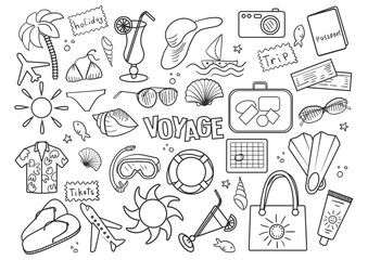 Voyage design colorless set PNG illustration. Coloring book. Black and white line art