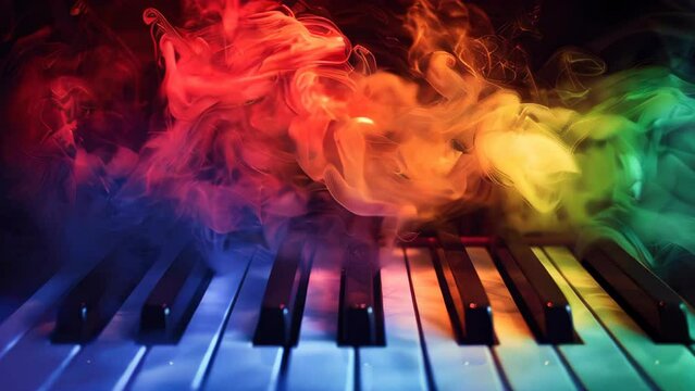 Colorful smoke around piano keys