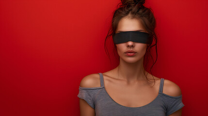 Naklejka premium Mysterious young woman with a black blindfold over her eyes, standing against a vibrant red background, evoking intrigue and curiosity