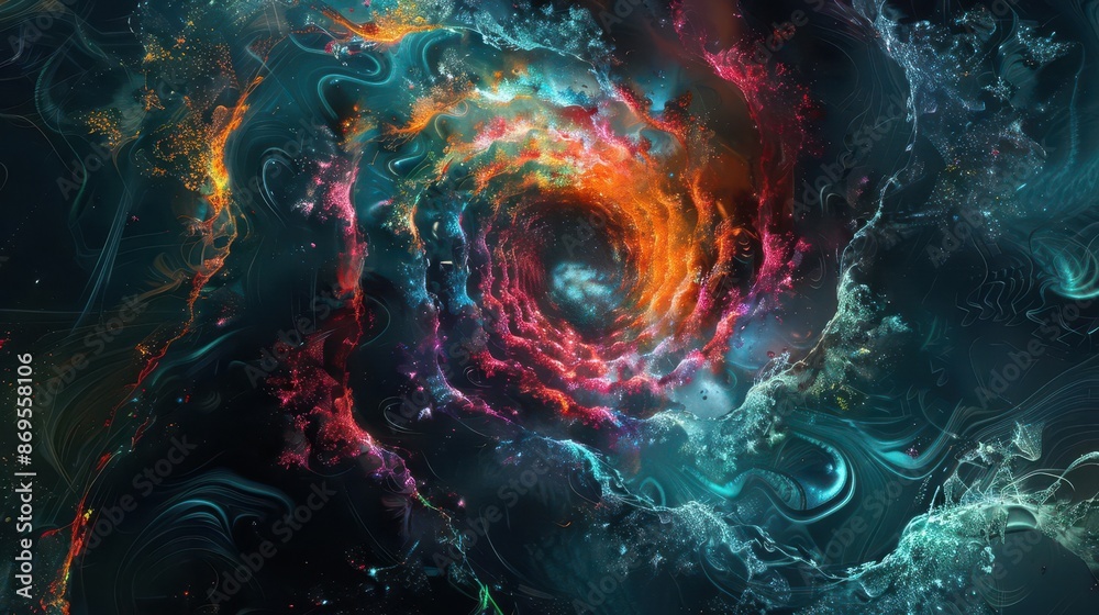 Canvas Prints abstract digital artwork featuring intricate evolving patterns emerging from a dark void vibrant col