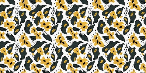 Modern printed fabric flower block print pattern with linen texture effect. Stylized boho dark floral for chic fashion background motif border design.