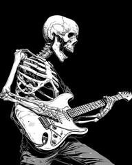 skeleton playing guitar in a heavy metal band graphic on a solid black background.generative ai