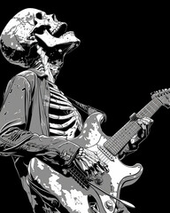 skeleton playing guitar in a heavy metal band graphic on a solid black background.generative ai