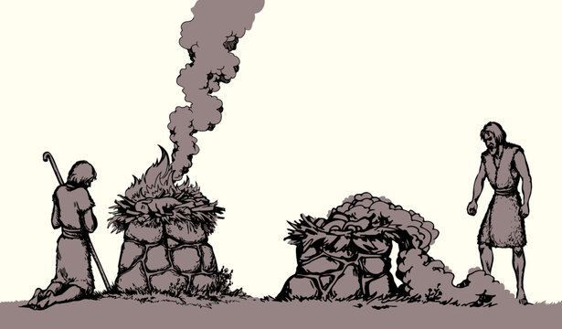 Vector drawing. Man Offers a Sacrifice to God