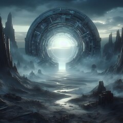 Bleak Future Eerie Doorway Opening to Unknown Realities  Conceptual Stock Image