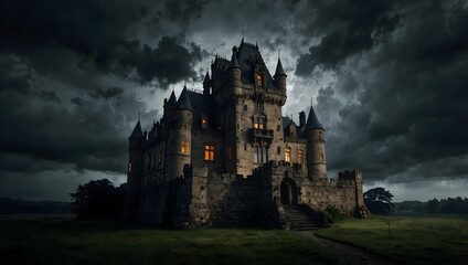 Naklejka premium The eerie atmosphere of a haunted castle on a stormy night ai_generated
