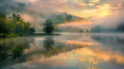 Fototapeta premium Misty Morning Magic at Lacu Rosu: Tranquil Sunrise Over Harghita County, Romania, Europe