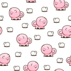 Cute kawaii pomeranian dog. Seamless pattern. Cartoon character. Vector drawing. Design ornaments.