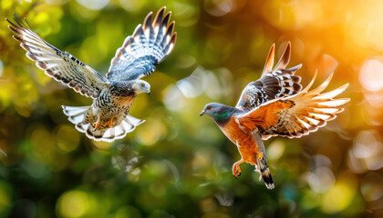 A Hawk and a Pet Pigeon Engaged in an Aerial Clash in an Urban Park A Stunning Capture of Nature's Raw Power and Beauty in the City