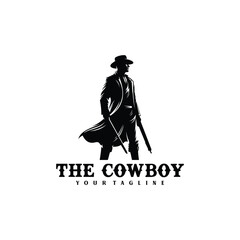 cowboy silhouette logo carrying a rifle in vintage style