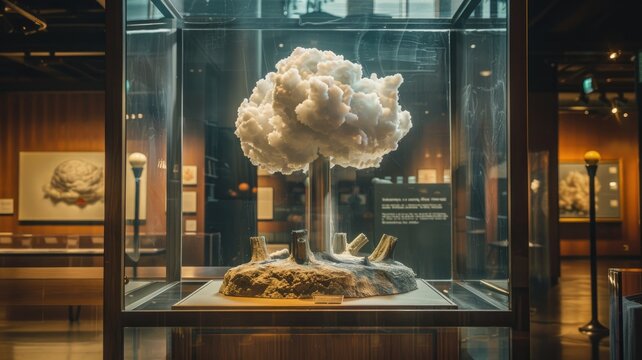 Museum exhibit featuring atomic bomb explosion model in glass case, with surrounding artifacts