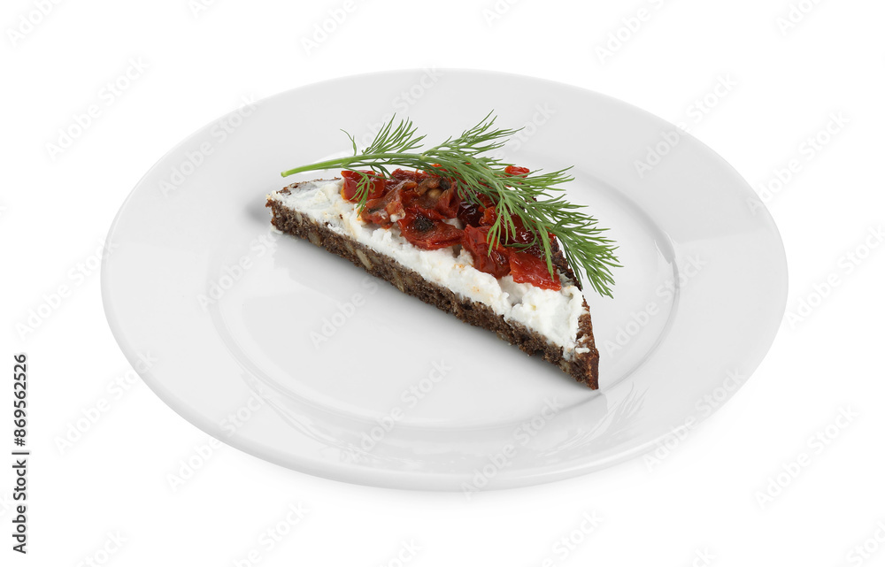 Wall mural Delicious bruschetta with fresh ricotta (cream cheese), dill and sun-dried tomatoes isolated on white - Wall murals