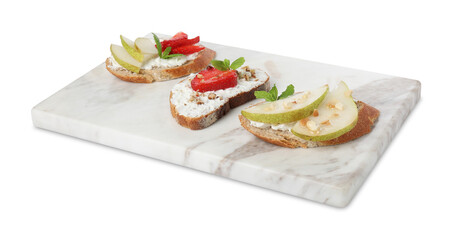 Delicious bruschettas with fresh ricotta (cream cheese), strawberry, mint and pear isolated on white