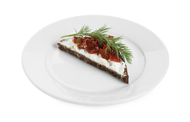 Delicious bruschetta with fresh ricotta (cream cheese), dill and sun-dried tomatoes isolated on white