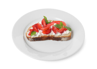 Delicious bruschetta with fresh ricotta (cream cheese), strawberry and mint isolated on white