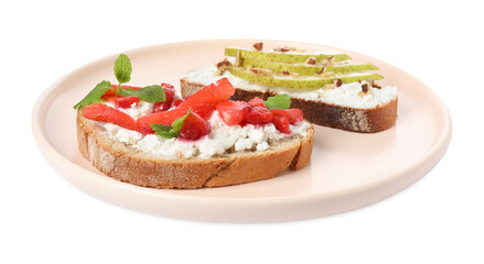 Delicious bruschettas with fresh ricotta (cream cheese), strawberry, mint and pear isolated on white