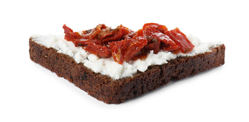 Delicious bruschetta with fresh ricotta (cream cheese) and sun-dried tomatoes isolated on white