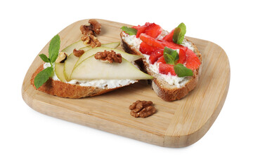Delicious bruschettas with fresh ricotta (cream cheese), strawberry, mint and pear isolated on white