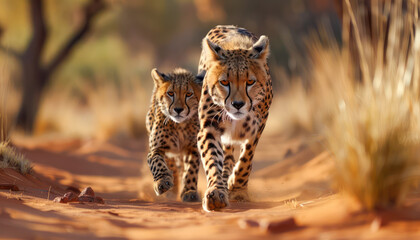 Obraz premium Cheetah and Domestic Cat A Striking Comparison of Speed and Grace in the African Savannah, Witness the Power and Agility of Two Feline Species, One Wild and One Domestic, in Their Natural Habitats