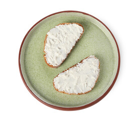Plate with delicious ricotta bruschettas isolated on white, top view