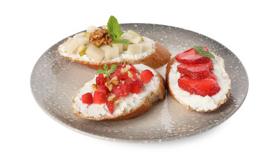 Delicious ricotta bruschettas with pear, strawberry and walnut isolated on white
