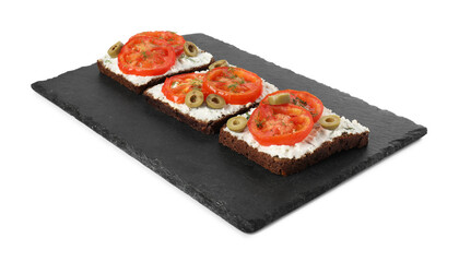 Delicious ricotta bruschettas with sliced tomatoes, olives and greens isolated on white
