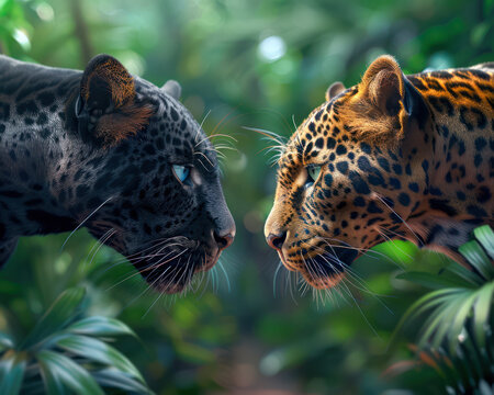 Black Panther vs Leopard An Epic Face-Off in the Lush Jungle, Wild Animal Encounter, Predator vs Prey, Nature's Majesty, Big Cat Showdown, Wildlife Photography, Endangered Species, Panther, Leopard,