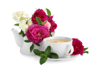 Aromatic herbal tea with different flowers isolated on white