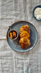 sweet breakfast, pancakes with jam, top view without people, minimalism