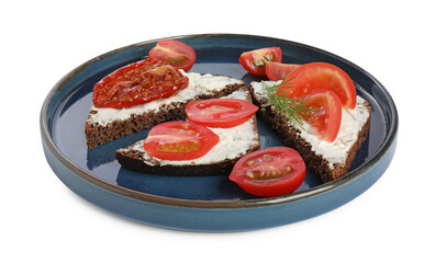 Delicious bruschettas with ricotta cheese, dill, fresh and sun dried tomatoes isolated on white