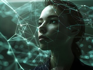 Anxious Businesswoman Amid a Complex Social Media Graph in a Minimalist Office
