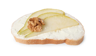 Delicious bruschetta with ricotta cheese, pears and walnut isolated on white