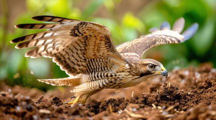 Fototapeta premium Hawk Swooping Down on a Pet Rabbit in a Backyard, A Dynamic and Tense Moment Captured in Nature Photography