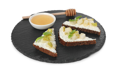 Delicious bruschettas with ricotta cheese, pear, mint and honey isolated on white