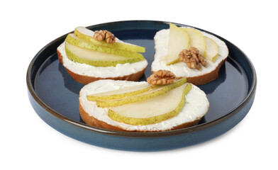 Delicious bruschettas with ricotta cheese, pears and walnuts isolated on white