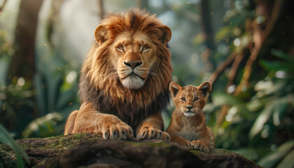 Fototapeta premium Majestic Lion and Playful House Cat in the Jungle A Contrast of Wild and Domesticated, Nature's Beauty and the Power of Contrast, Lion Cub and Kitten in the Wilderness, The Wild Side of Feline