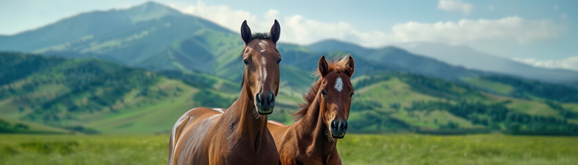 Majestic Wild Horses in a Lush Meadow, a Stallion and a Pony Graze Peacefully in a Picturesque Mountain Landscape, Exuding Tranquility and Serenity Nature's Beauty, Horse Photography, Wild Horses in